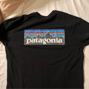 Patagonia Black Tee with Blue, Purple and Orange Mountain Stripe